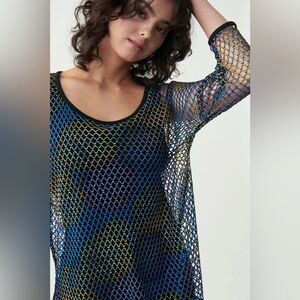 Joseph Ribkoff Blue Black Mesh Overlay Top Women’s Size 16 Geometric Long Sleeve